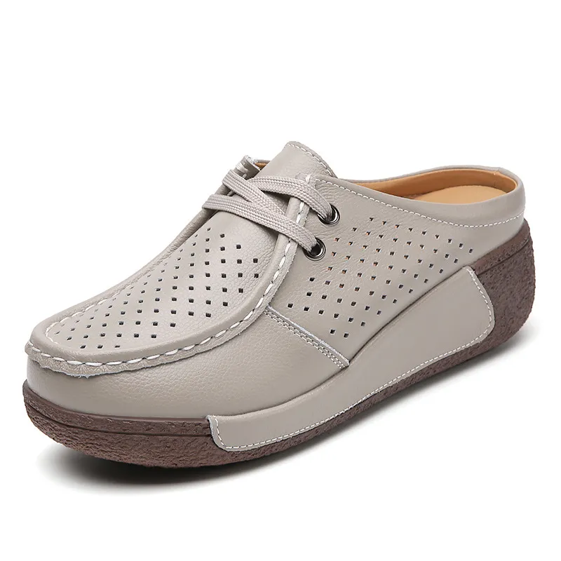 New Plus Size Hollow-out Soft Bottom Wedge Women's Genuine Leather Platform Slippers Summer Outerwear - Grey
