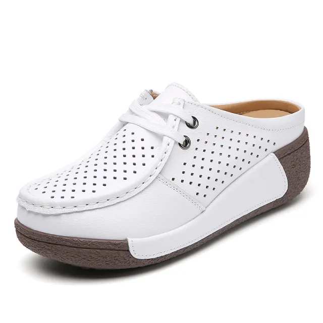 New Plus Size Hollow out Soft Bottom Wedge Women's Genuine Leather Platform Slippers Summer Outerwear White - Shop at LoveMi