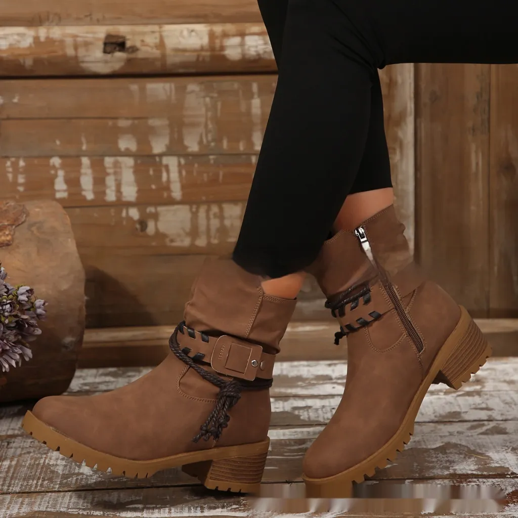 Belt Buckle Women's Ankle Boots Elastic Band - Brown