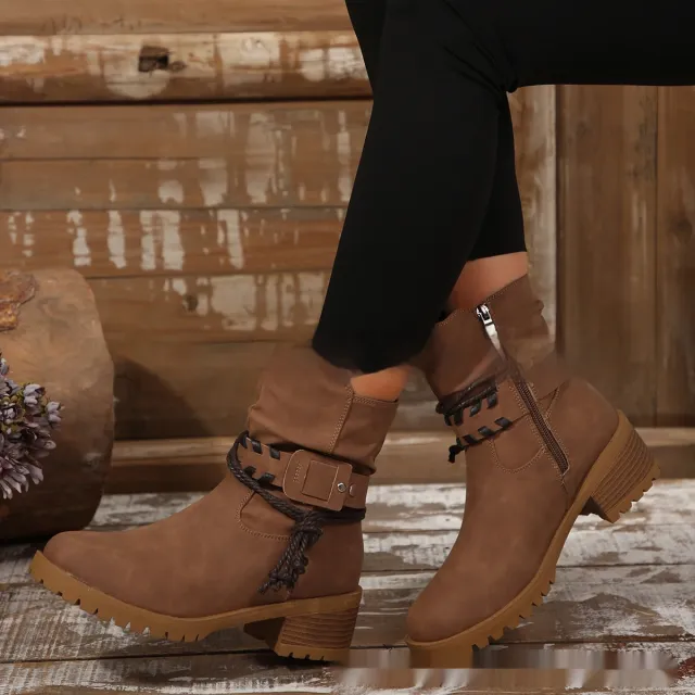 Belt Buckle Women's Ankle Boots Elastic Band Brown - Shop at LoveMi