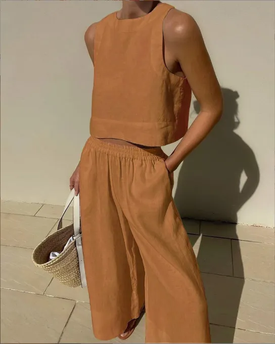 Loose Solid Color Sleeveless Shirt And Trousers Two-piece Set - Brown