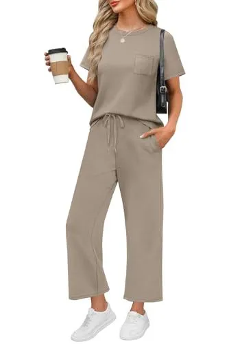 Round Neck Loose Short Sleeves Pocket Two piece Pants Casual Suit Khaki - Shop at LoveMi