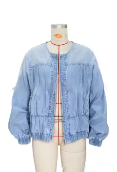 Washed Loose Round Neck Zipper Light Blue European And American Denim Jacket - Light Blue - View 1