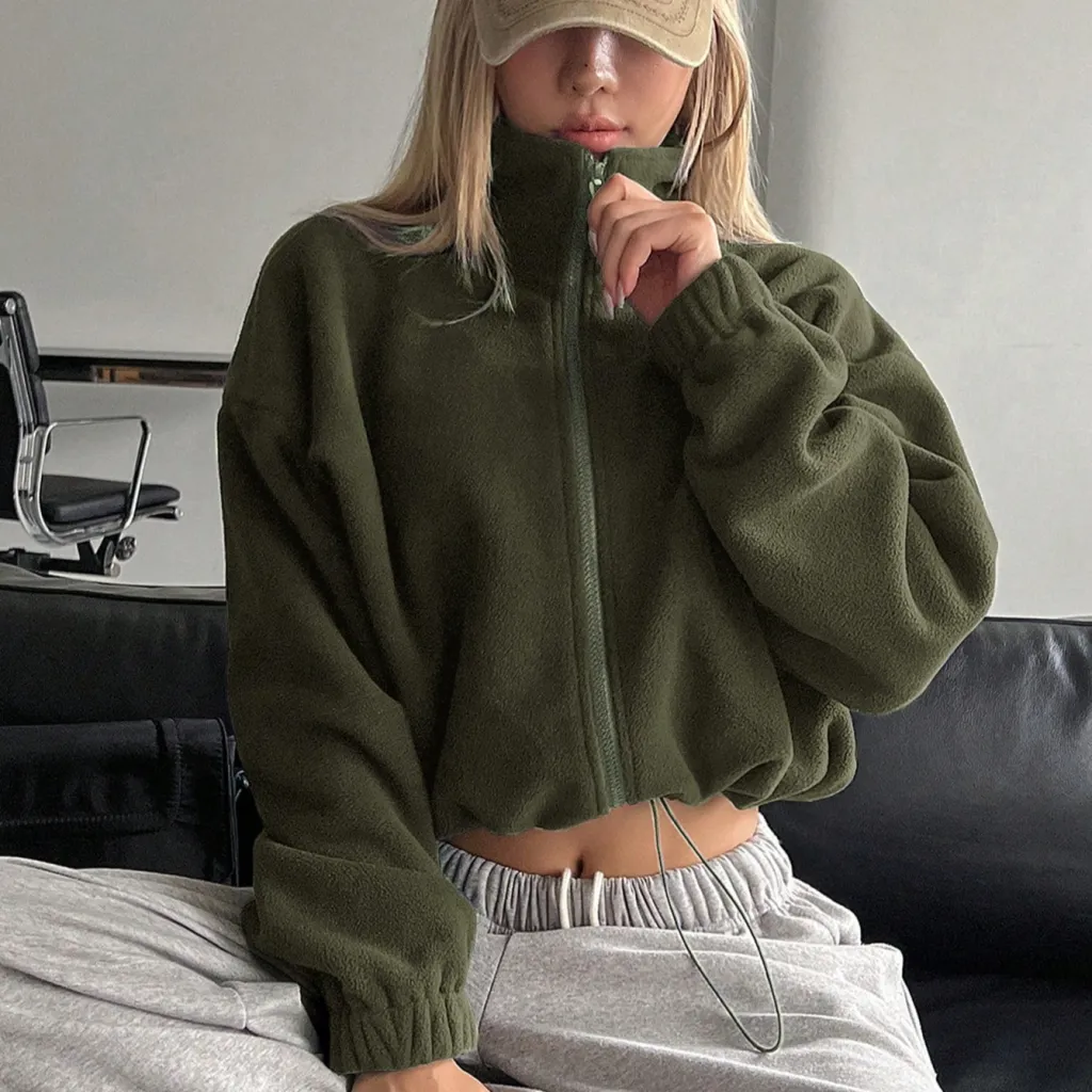 Short Autumn And Winter Stand-up Collar Thick Lamb Wool Drawstring Coat Women - Olive