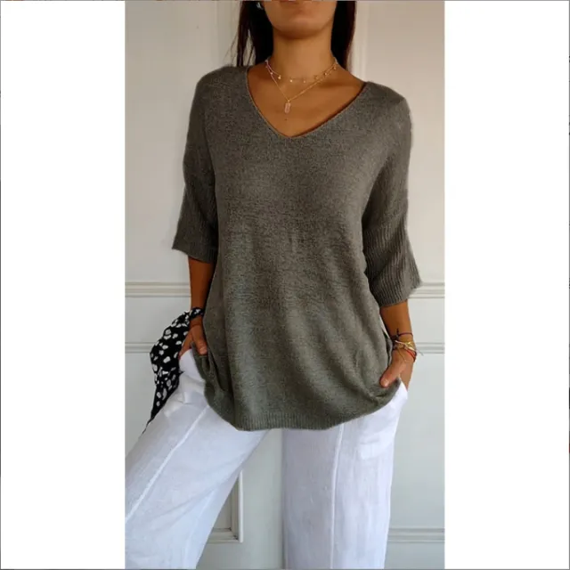 Knitwear Casual Sweater Slimming V neckline 34 Sleeve Women's Bottoming Shirt Dark Grey - Shop at LoveMi