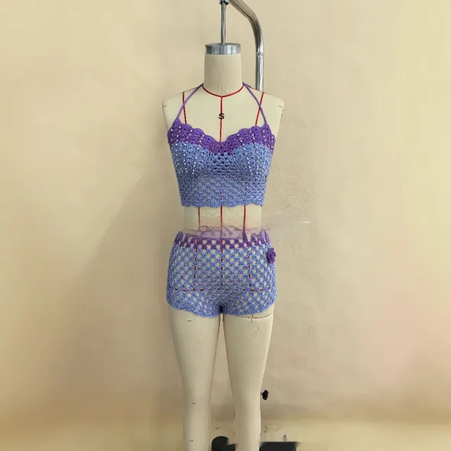 Contrast Color Crocheted Bikini Swimsuit Suit Sexy Lace up Blouse Suit Purple - Shop at LoveMi