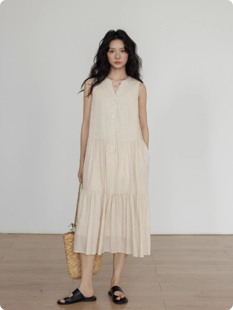 Summer Lazy Vacation Style Sleeveless Vest Dress Oatmeal A - Shop at LoveMi