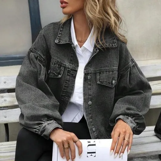Women's Embossed Denim Jacket Fashion Casual Long Sleeve Gray - Shop at LoveMi