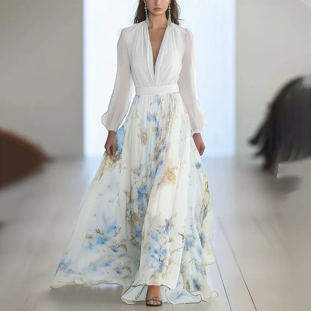 Printed Long Sleeve V-neck Stitching Dress - White