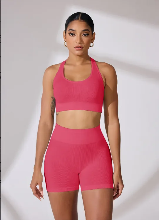 Round Neck Shoulder Strap Cross Bra Waist Shorts Suit - Bright Red