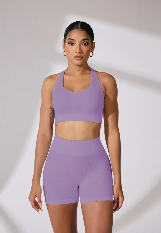 Round Neck Shoulder Strap Cross Bra Waist Shorts Suit Violet - Shop at LoveMi