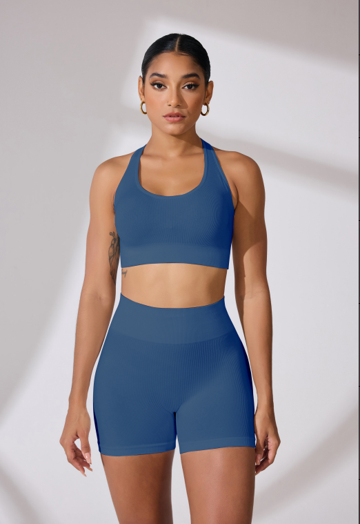 Round Neck Shoulder Strap Cross Bra Waist Shorts Suit - Image 3