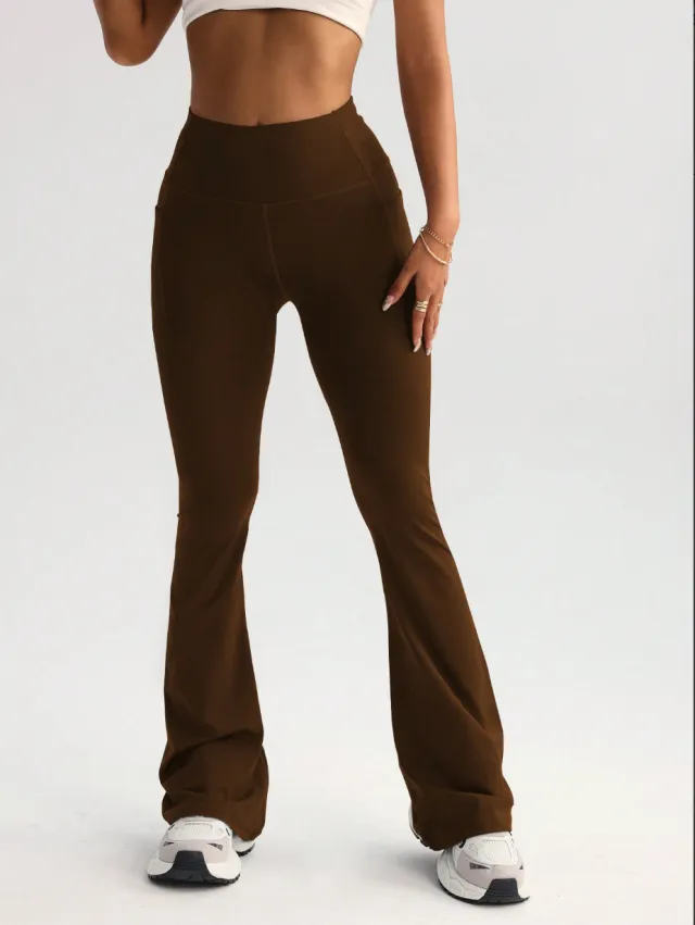 High Waist T line Yoga Wide leg Pants With Pockets Brown - Shop at LoveMi