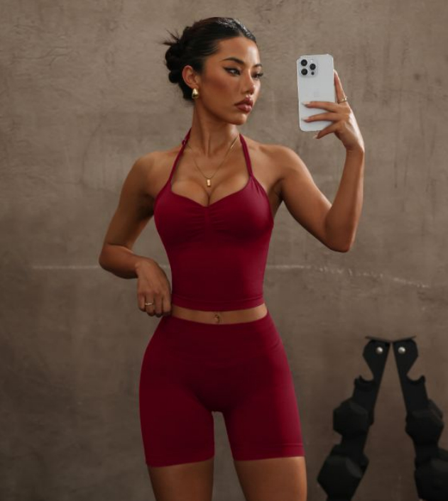 Halter Spaghetti Straps Exercise Vest High Waist Crimp Shorts Suit – L, Angora Red
