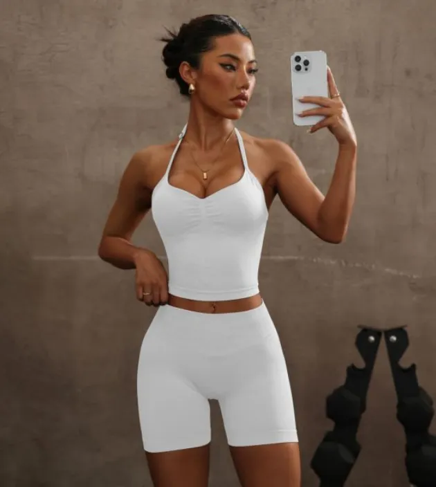 Halter Spaghetti Straps Exercise Vest High Waist Crimp Shorts Suit White - Shop at LoveMi