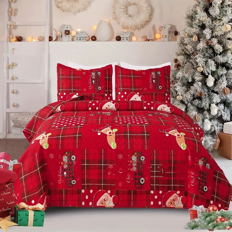 Christmas Peach Skin Fabric Bed Three-piece Set