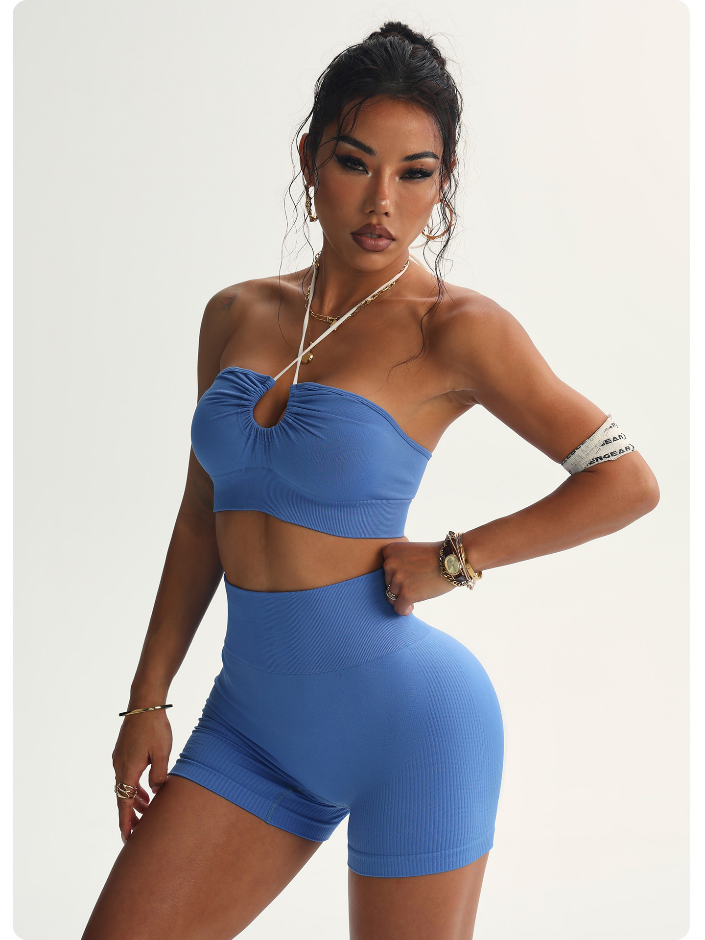 Hollow-out Halter Lace-up Bra Vest High Waist Shorts Suit