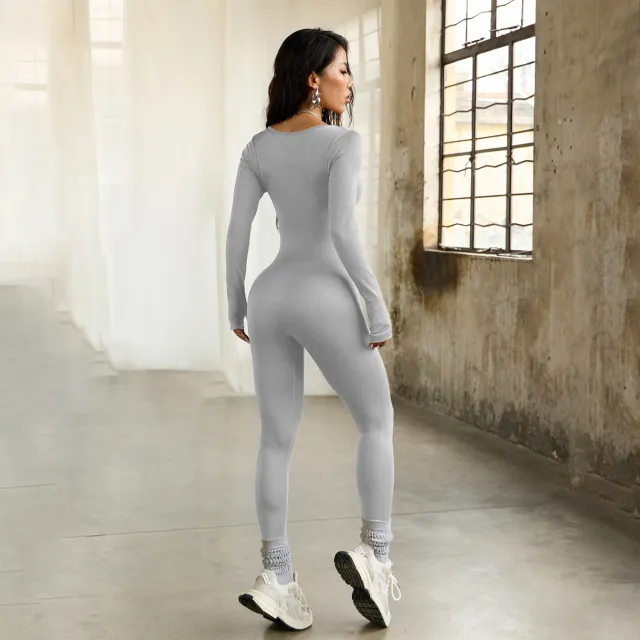 Women's Sports Fitness Square Collar Button Long Sleeve Yoga Jumpsuit Silver Gray - Shop at LoveMi
