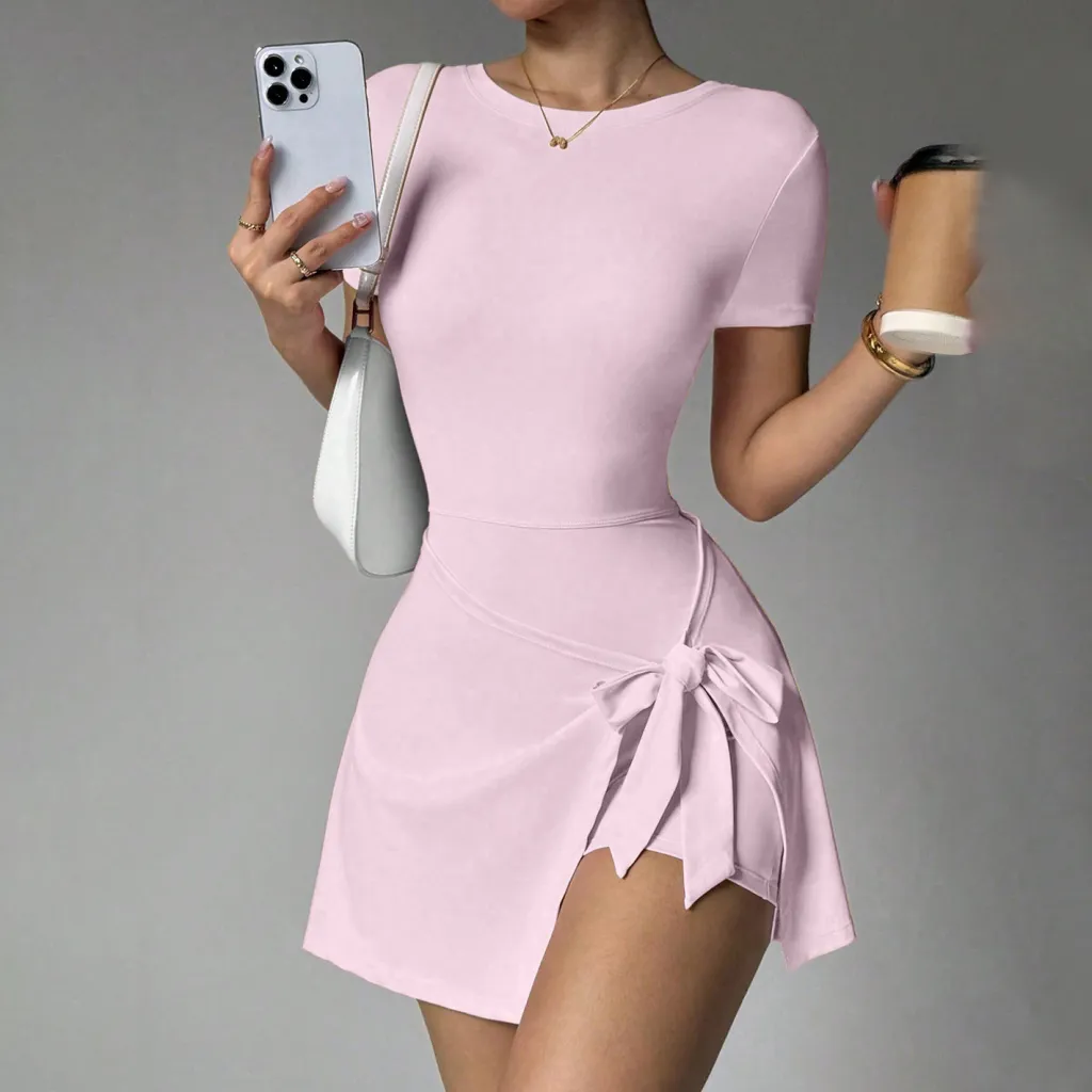 Fake Two-piece Anti-exposure Tight Sports Dress Leisure Fitness Yoga Tennis Skirt - Light Pink