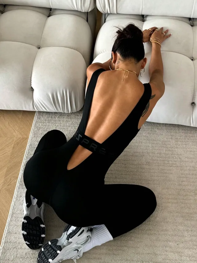 Shoulder Strap Bare Back Letter One piece Ankle Banded Pants Black - Shop at LoveMi