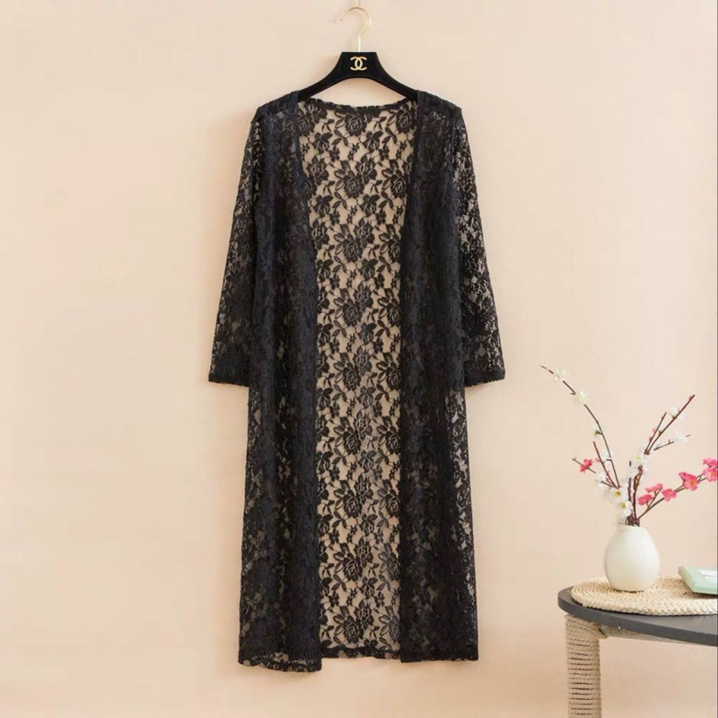 Elegant Lace Trench Coat Long Sleeve Shawl Mid-Length Plus Size black