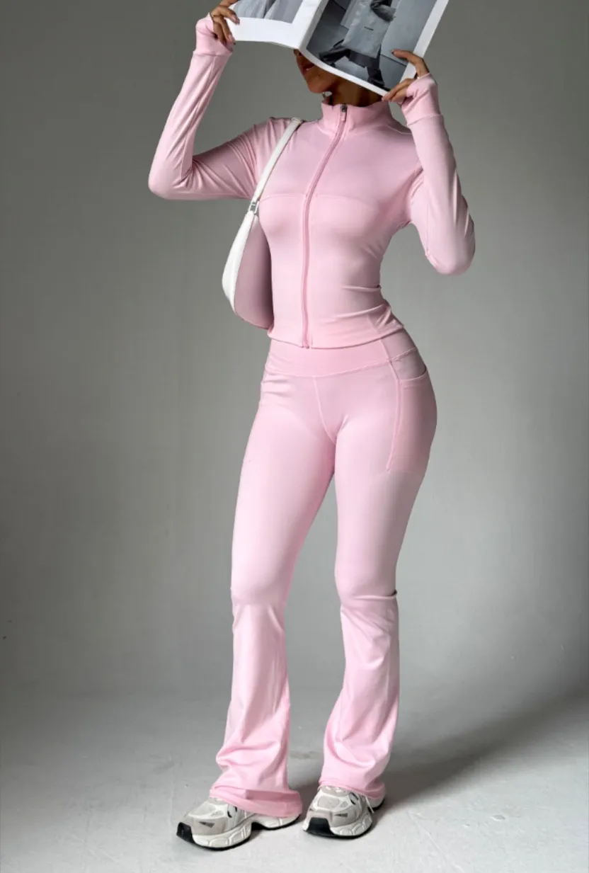 Stand Collar Long-sleeve Zipper Jacket High Waist Pocket Wide Leg Pants Suit - Tan