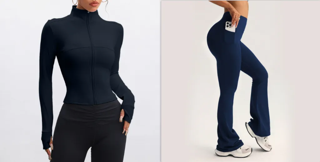 Stand Collar Long-sleeve Zipper Jacket High Waist Pocket Wide Leg Pants Suit - Dark Blue - View 1