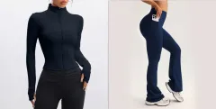 Stand Collar Long-sleeve Zipper Jacket High Waist Pocket Wide Leg Pants Suit - Dark Blue - View 1