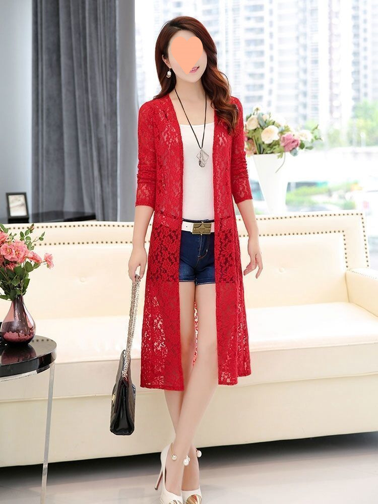 Lace Trench Coat Long Sleeve Shawl Mid-Length Plus Size in red