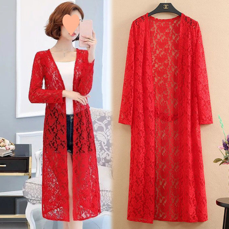 Lace Trench Coat Long Sleeve Shawl Mid-Length Plus Size in red