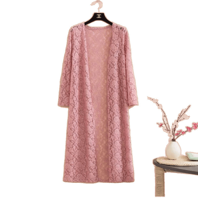 Pink Lace Trench Coat Long Sleeve Shawl Mid-Length for women
