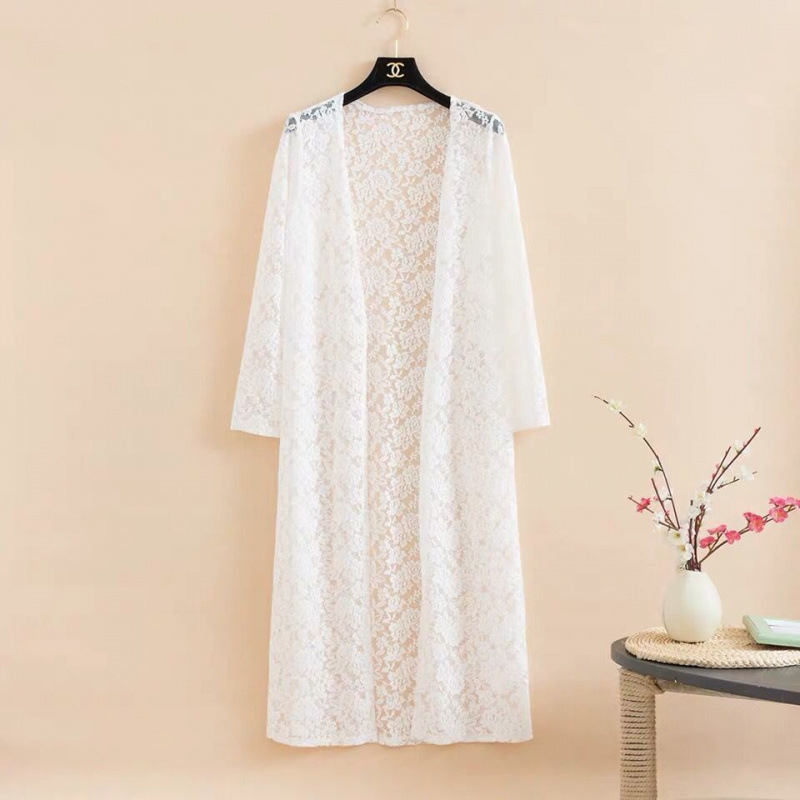 Plus Size Lace Trench Coat Long Sleeve Shawl Mid-Length white