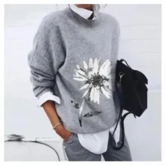 Fashion Long Sleeve Pullover Sweater Fall And Winter Fashion Solid Color Knitted Tops For Women Clothing - Grey A - View 1