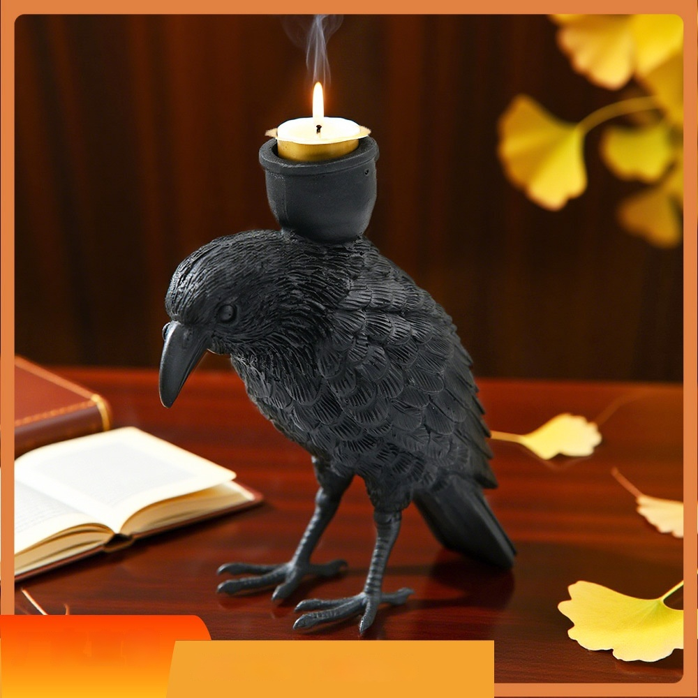 Bougeoir corbeau noir en résine Halloween 2