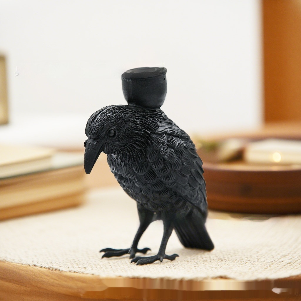 Bougeoir corbeau noir en résine Halloween 1
