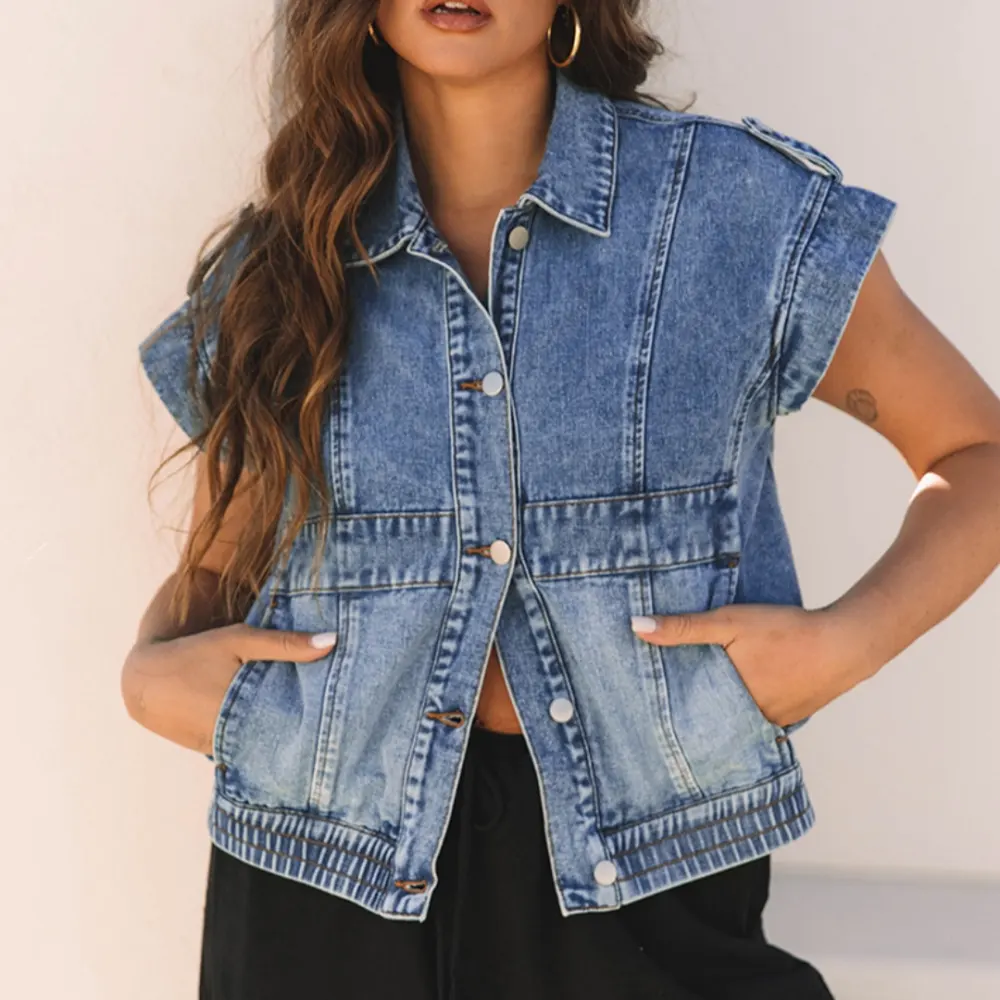 Denim Women's Single-breasted Lapel Short Sleeve Vest Coat