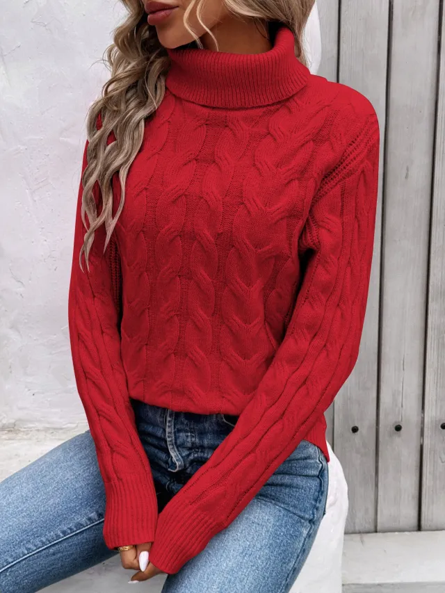 Women's Cable knit Turtleneck Sweater Red - Shop at LoveMi