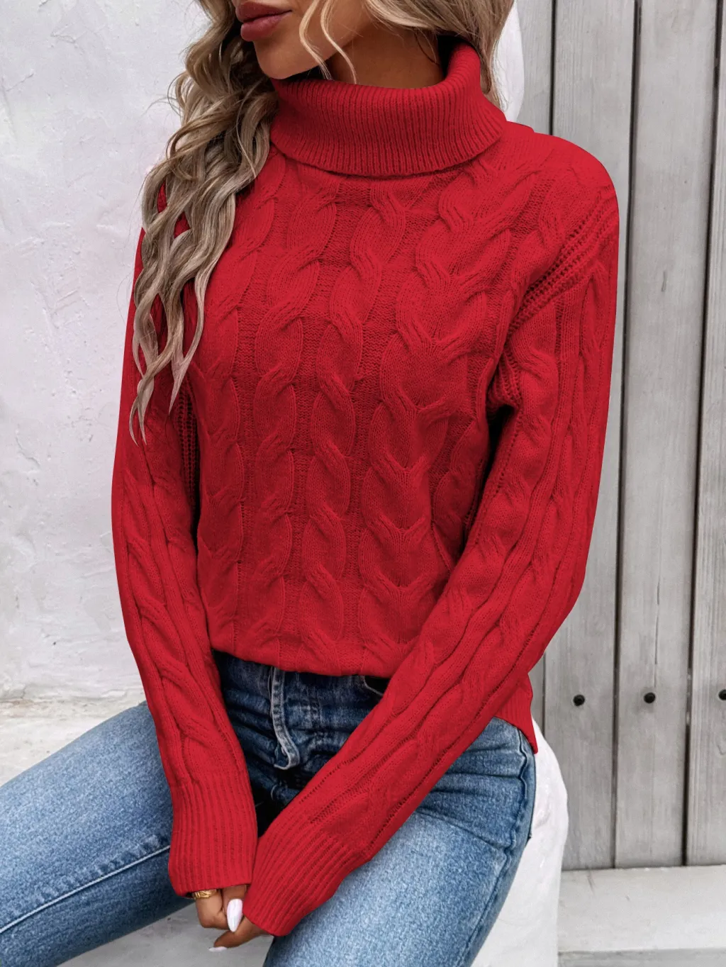 Women's Cable-knit Turtleneck Sweater - Red