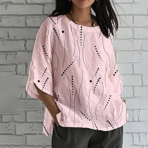 Comstylish Loose Linen Blend T Shirt With Geometric Art Print Pink - Shop at LoveMi
