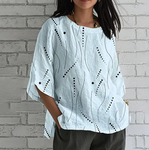 Comstylish Loose Linen Blend T Shirt With Geometric Art Print Blue - Shop at LoveMi