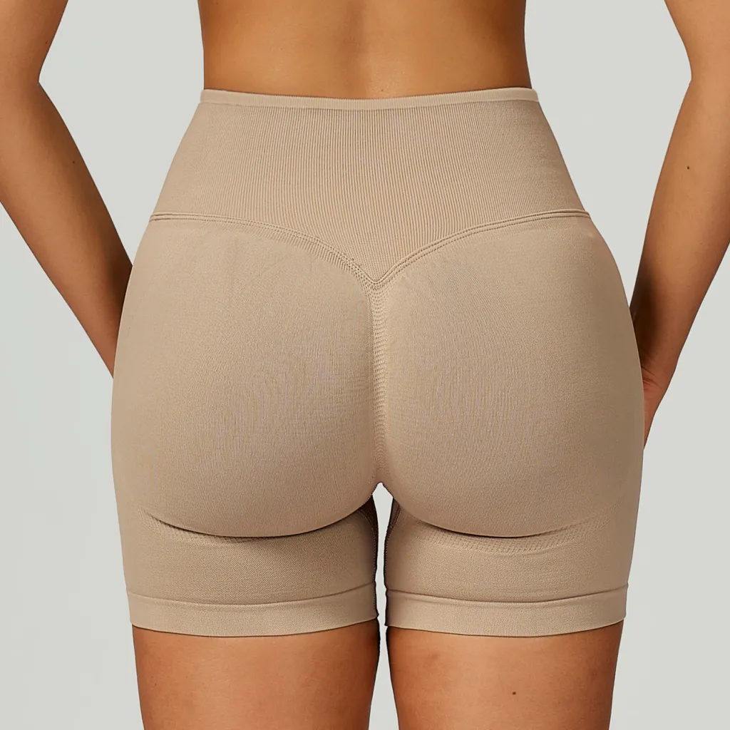Seamless Yoga Contrast Color Binding High Waist Tight Shorts - Kaki Brown