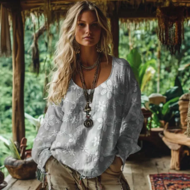 Women's Retro Bohemian Floral Print Cotton And Linen Blend Loose Blouse Light Gray - Shop at LoveMi