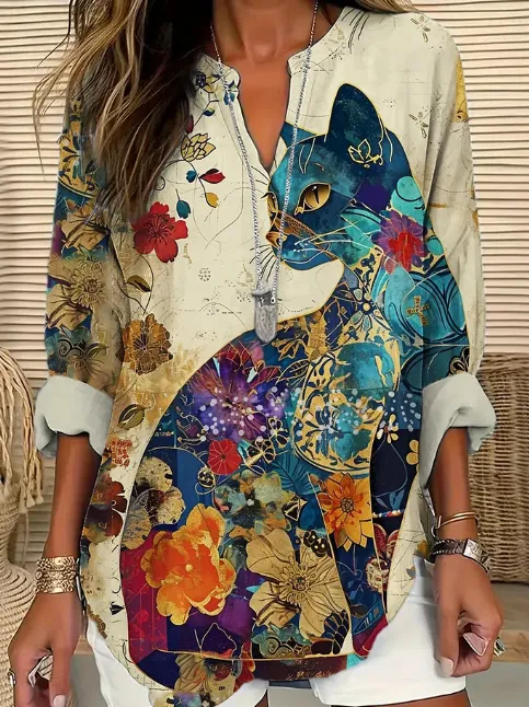 Women's Cat Pattern Vintage Floral Art Linen Long Sleeve Shirt Beige - Shop at LoveMi
