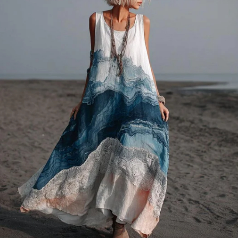 White Sleeveless Ocean Wave Gradient Dye Maxi Dress With Pockets