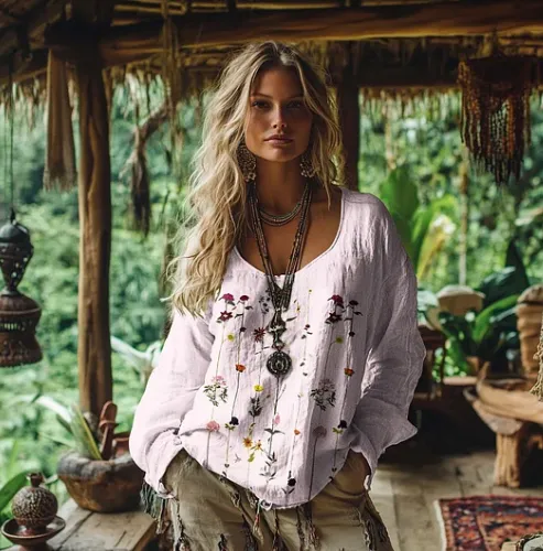 Women's Retro Bohemian Print Cotton And Linen Blend Loose Blouse Pink - Shop at LoveMi