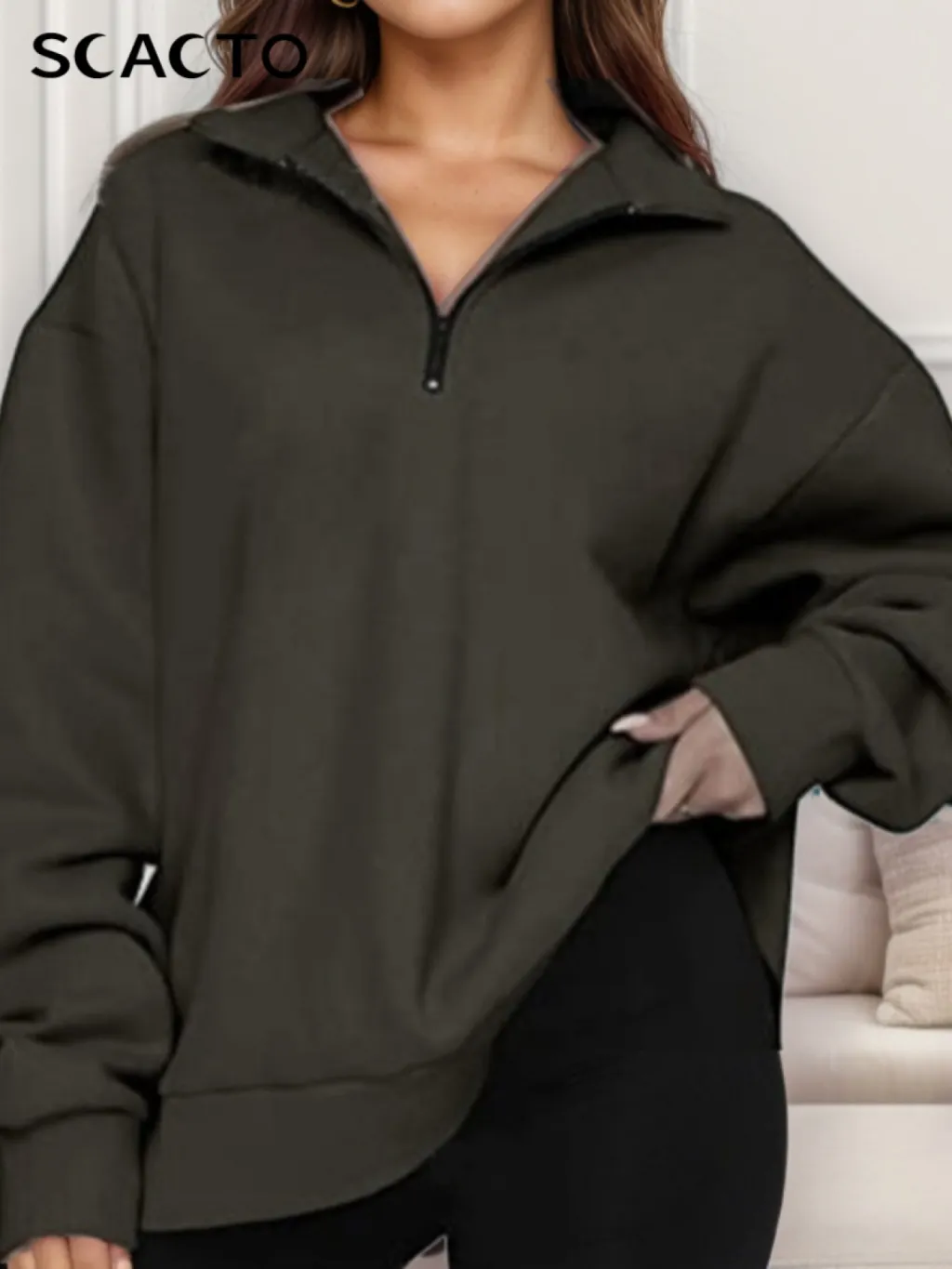Casual Top Half Zipper Pullover Long Sleeved Sweatshirt - Gray