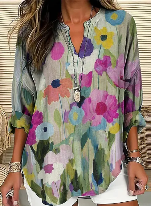 Vintage Color Block Printed Casual Shirt Pink - Shop at LoveMi