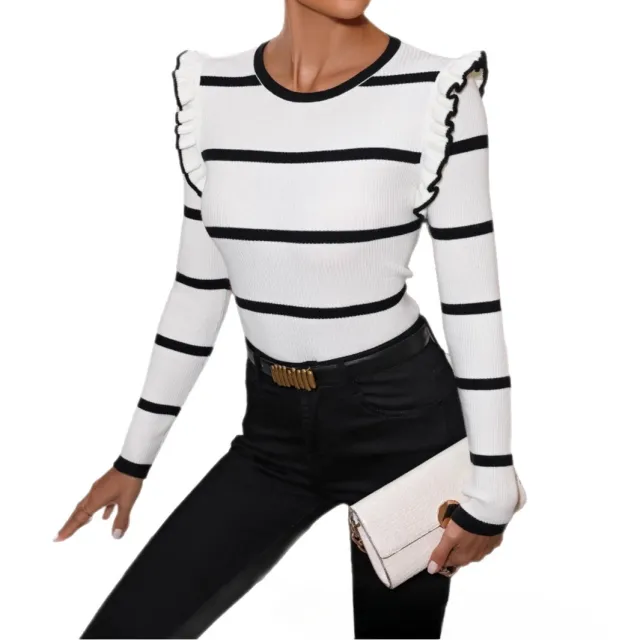Casual Contrast Color Striped Crew Neck Long Sleeves Top White - Shop at LoveMi