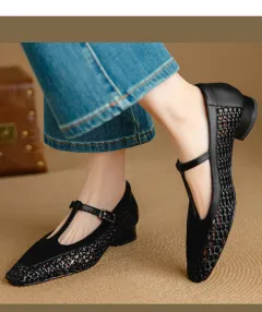 Mid Heel Authentic Leather Silver Mary Jane Shoes Sandals New - Black - View 1
