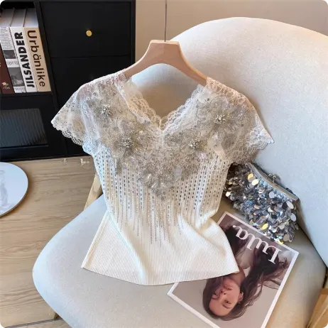 Exquisite Rhinestone Lace V neck Knitted Women's Flounced Sleeve Top White - Shop at LoveMi